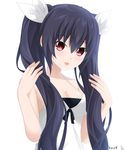  alternate_costume bare_shoulders black_hair blush breasts casual cleavage hair_ornament keenh long_hair medium_breasts neptune_(series) noire open_mouth red_eyes smile solo twintails 