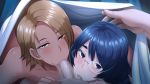  2girls :&gt;= bed bed_sheet blonde_hair blue_hair blush butcha-u censored dark_skin fellatio game_cg glasses highres jinguuji_kirika long_hair looking_at_viewer lying meikoku_gakuen_taidou_hen mosaic_censoring multiple_girls nude oral original penis pov purple_eyes short_hair sucking_testicles tadokoro_aoi under_covers yellow_eyes 