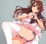  absurdres alternate_costume black_panties brown_eyes brown_hair enmaided garter_straps grey_background heart heart_hands highres idolmaster idolmaster_cinderella_girls long_hair maid maid_headdress one_side_up panties q_(ed69) shimamura_uzuki simple_background smile solo thighhighs underwear white_legwear 