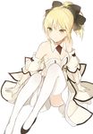  ahoge artoria_pendragon_(all) bare_shoulders blonde_hair breasts cleavage detached_collar detached_sleeves dress fate/stay_night fate/unlimited_codes fate_(series) gloves green_eyes looking_at_viewer lpip medium_breasts ponytail saber saber_lily simple_background sitting solo thighhighs white_background white_gloves white_legwear 