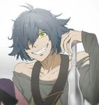  bare_shoulders blue_hair grin hans_humpty knife looking_at_viewer mai- male_focus one_eye_covered rokka_no_yuusha smile solo teeth yellow_eyes 