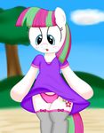  2015 an-tonio blossomforth_(mlp) blue_eyes blush camel_toe clothing cloud cutie_mark dress dress_lift earth_pony equine female feral freckles friendship_is_magic hair horse joeyh3 legwear mammal multicolored_hair my_little_pony open_mouth outside panties pony sky solo stockings tree two_tone_hair underwear 