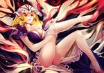  blonde_hair bow breasts cleavage collarbone dress earrings frilled_dress frills hat hat_bow high_heels highres jewelry kalalasan large_breasts lips long_hair looking_at_viewer off_shoulder parted_lips purple_eyes red_eyes solo thighhighs thighhighs_pull thighs touhou white_legwear yakumo_yukari 