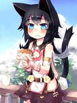  animal_ears armband bare_shoulders black_hair blue_eyes blush cat_ears cat_tail crr_w9kd cup day drinking_straw eating food hamburger long_hair skirt sky sleeveless solo tail 