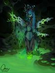  2015 anthro anthrofied areola breasts changeling clothing dripping eyeshadow fangs female friendship_is_magic green_eyes holes liquid makeup my_little_pony nipples nude omny87 queen_chrysalis_(mlp) slit_pupils solo torn_clothing water wings 