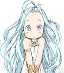  ahoge armlet bare_shoulders blue_eyes blue_hair blush bracer dress granblue_fantasy ham_(points) long_hair looking_at_viewer lowres lyria_(granblue_fantasy) simple_background smile solo upper_body v_arms white_background white_dress 