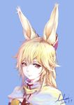  2015 absurdres adai animal_ears blonde_hair blue_background bunny_ears capelet highres looking_at_viewer nachetanya_loei_piena_augustra pink_eyes rokka_no_yuusha signature solo 