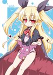  bare_legs between_legs blonde_hair borrowed_character cape character_name doll expressionless grimorigin hair_ribbon lilith_rosenberg long_hair neko_yume original red_eyes ribbon solo stuffed_animal stuffed_bat stuffed_toy 