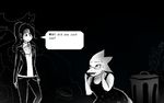  alphys black_and_white black_hair canine cassinoah clothing dialogue dog dress duo_focus english_text eyelatch eyewear female fish glasses group hair jacket mammal marine monochrome monster scalie speech_bubble sweat text trash_can undertale undyne 