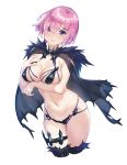  1girl arm_under_breasts bangs bikini black_cape black_legwear blue_eyes breast_hold breasts cape covered_nipples cowboy_shot cropped_legs fate/grand_order fate_(series) fur_trim hair_between_eyes hand_on_own_chest highres large_breasts looking_at_viewer mash_kyrielight mhk_(mechamania) micro_bikini navel pink_hair short_hair simple_background solo swimsuit thigh_strap thighhighs white_background 