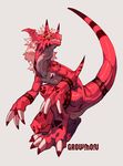  claws digimon growmon horn kuroblood male mane markings red_body simple_background solo spikes teeth white_background yellow_eyes 