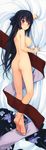  absurdres ao_no_kanata_no_four_rhythm ass back bangs barefoot bed_sheet black_hair blush breasts clothes_removed company_name copyright_name crossed_legs dakimakura embarrassed feet floral_print from_above from_side full_body hair_ornament hair_ribbon hairclip highres indoors japanese_clothes kimono kimono_removed kneepits lace large_breasts legs logo long_hair long_image looking_at_viewer looking_back lying nude obi official_art on_bed on_side purple_eyes raised_eyebrows ribbon sash scan sheet_grab sideboob soles solo suzumori sweat tall_image tobisawa_misaki two_side_up very_long_hair 