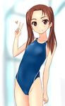  bad_id bad_twitter_id brown_eyes brown_hair competition_swimsuit flat_chest girls_und_panzer grin highres inactive_account kadotani_anzu long_hair one-piece_swimsuit smile solo swimsuit takafumi twintails v 