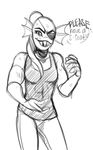  &lt;3 black_and_white chachicola dialogue english_text eye_patch eyewear female fish marine monochrome monster muscular muscular_female sharp_teeth smile solo speech_bubble sweat teeth text undertale undyne 