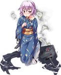  breasts fish goldfish japanese_clothes kantai_collection kimono machinery official_art purple_eyes purple_hair sandals short_hair small_breasts smoke solo tama_(kantai_collection) torn_clothes transparent_background turret ugume yukata 