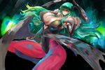  bangs breasts cleavage demon_girl gigantic_breasts gond green_hair head_wings long_hair morrigan_aensland pantyhose solo vampire_(game) wings 