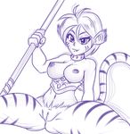  animal_humanoid anus armor black_and_white breasts breath_of_fire clothed clothing eyebrows eyelashes feline female fur hair half-dressed humanoid katt_(breath_of_fire) lonbluewolf mammal melee_weapon monochrome necklace nipples polearm presenting pussy sketch solo spear tiger video_games weapon 
