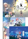  5girls admiral_(kantai_collection) bare_shoulders blonde_hair book bracelet brown_eyes brown_hair closed_eyes comic empty_eyes explosion glasses gundam gundam_unicorn highres i-168_(kantai_collection) i-401_(kantai_collection) i-58_(kantai_collection) i-8_(kantai_collection) jacket jewelry kantai_collection long_hair low_twintails machinery multiple_girls neckerchief o3o peeking_out pink_eyes pink_hair red_hair ro-500_(kantai_collection) sandals school_swimsuit school_uniform serafuku short_hair spaghe surprised swimsuit tan tanline translated twintails white_hair 