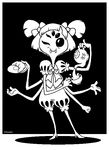  anthro arachnid arthropod beverage black_and_white clothing croissant dress food hair hair_bow lithiumbot looking_at_viewer monochrome muffet multi_limb multiple_eyes plate solo spider tea tea_cup tea_pot undertale 