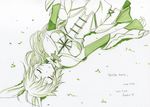  2015 ahoge animal_ears bunny_ears capelet closed_eyes green highres long_hair lying monochrome nachetanya_loei_piena_augustra on_back potekite rokka_no_yuusha signature sleeping solo 