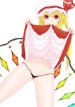  asymmetrical_hair bad_id bad_pixiv_id blonde_hair clitoris_slip colored_eyelashes crystal dutch_angle flandre_scarlet hat hat_ribbon kashiwagi_(pixiv15394393) looking_at_viewer micro_panties midriff mouth_hold panties pussy_peek red_eyes ribbon side_ponytail simple_background skirt skirt_lift solo thong touhou underwear white_background wings 
