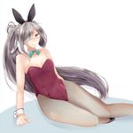  adapted_costume animal_ears asashimo_(kantai_collection) bow bowtie bunny_ears bunnysuit detached_collar green_eyes hair_over_one_eye kantai_collection long_hair lying masayo_(gin_no_ame) on_side pantyhose ponytail silver_hair solo very_long_hair wrist_cuffs 