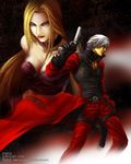  1boy 1girl blonde_hair breasts cleavage couple dante_(devil_may_cry) devil_cry_cry_2 devil_may_cry devil_may_cry_2 sword trish_(devil_may_cry) weapon 