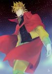  blonde_hair cape dio_brando earrings headband jacket jewelry jojo_no_kimyou_na_bouken knee_pads male_focus night red_eyes signature sky sokka_(kbs) solo star_(sky) starry_sky turtleneck 