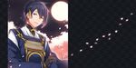  bad_id bad_pixiv_id blue_eyes blue_hair cherry_blossoms full_moon japanese_clothes juugonichi_(wheeliex2) male_focus mikazuki_munechika moon petals sayagata smile solo touken_ranbu 