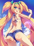  ass bikini_top blazblue blonde_hair blush cloud day denim denim_shorts eyebrows_visible_through_hair flat_chest from_behind green_eyes heart heart-shaped_pupils long_hair looking_at_viewer looking_back open_mouth outdoors platinum_the_trinity quad_tails short_shorts shorts sky smile solo symbol-shaped_pupils toraishi_666 very_long_hair 