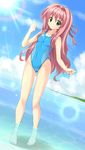  arena_(company) barefoot competition_swimsuit green_eyes hair_intakes highleg highleg_swimsuit hizuki_aki md5_mismatch one-piece_swimsuit original pink_hair pixiv_robot_wars_gaia solo standing swimsuit wading water zanshomimai 