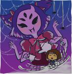  ambiguous_gender anthro arachnid arthropod brown_hair eyes_closed fangs female feral hair hair_bow human mammal muffet multi_limb multiple_eyes protagonist_(undertale) purple_hair purple_skin shenkena size_difference smile spider spider_web tea_cup tea_pot undertale 