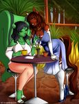  beverage blouse clothing coffee demona69 dialogue dress drink equine female food garden horsegirl johara johara_(gentlemanplayer) mammal meeting mustelid pants rhiannon rhiannon_(gingerm) skunk tea 