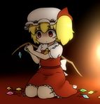  ascot assembling bags_under_eyes blonde_hair commentary_request darkness dress dressing empty_eyes flandre_scarlet hat hat_ribbon mob_cap puffy_short_sleeves puffy_sleeves red_dress red_eyes ribbon sash seiza shirosato shirt short_sleeves side_ponytail sitting solo staring touhou wings 