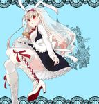  :o absurdres albino alternate_costume animal_ears apron aqua_background bear blonde_hair blush boots breasts bunny_ears commentary_request cross-laced_footwear dress fake_animal_ears from_below gradient_hair hair_flaps hair_ornament hair_ribbon hairclip highres kantai_collection knee_boots lace_border long_hair long_sleeves mai_(maika_04) multicolored_hair open_mouth panties red_eyes red_ribbon remodel_(kantai_collection) ribbon simple_background small_breasts solo straight_hair stuffed_animal stuffed_toy teddy_bear thighhighs underboob underwear veil waist_apron white_footwear white_legwear white_panties yuudachi_(kantai_collection) 