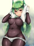  belly bodysuit breasts breath covered_navel covered_nipples fingerless_gloves gloves green_hair highres large_breasts long_hair looking_at_viewer menou_kaname original plump sakushin skin_tight solo sweat thighs towel white_gloves 