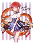  alternate_costume apron artist_name beer_mug blue_apron brown_eyes brown_hair character_name confetti cursive dated dirndl dress german_clothes hot_dog ichikura_tokage iron_cross kantai_collection open_mouth short_hair signature solo striped striped_background vertical-striped_background vertical_stripes waist_apron z3_max_schultz_(kantai_collection) 