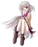  alphes_(style) convenient_leg covering_mouth dairi dress full_body hand_over_own_mouth jacket kishin_sagume parody red_eyes short_hair silver_hair single_wing solo style_parody touhou transparent_background wings 
