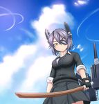  blush bokken breasts commentary_request eyepatch gloves headgear highres kantai_collection left-handed looking_at_viewer medium_breasts necktie purple_hair school_uniform short_hair solo sword tenryuu_(kantai_collection) tsukemon weapon wooden_sword yellow_eyes 