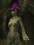  1girl 3d animated animated_gif breast_squeeze breasts demon_girl desire_demon dragon_age female horns lowres revealing_clothes solo tail 