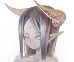  bare_shoulders blue_eyes brown_hair demon_girl earrings facial_mark forehead_mark highres horns jewelry necklace one_eye_closed original pointy_ears rugure solo tattoo 