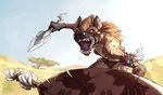  clothing darbaras digital_media_(artwork) hyena loincloth looking_at_viewer mammal melee_weapon open_mouth polearm savannah shield sky spear teeth tree tribal weapon 