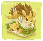  &lt;3 2015 ambiguous_gender black_eyes blush bread brown_body claws cute duo english_text feral food kuronekotarou lettuce nintendo pok&eacute;mon sandshrew sandslash sandwich simple_background text video_games 