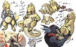  &lt;3 ? alphys animal_genitalia blue_skin blush cake cloaca dialogue duo_focus english_text eyewear female female/female fish flower flowey_the_flower food glasses group hair lab_coat male marine monster nude plant pocky raikousou red_hair scales scalie text undertale undyne yellow_scales 