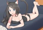  1girl absurdres animal_ears ass bare_shoulders barefoot black_camisole black_hair black_panties blue_eyes breasts camisole cat_ears cat_tail cleavage couch highres kneepits legs legs_crossed long_hair looking_at_viewer lying medium_breasts nekoze_(s22834712) on_stomach open_mouth original panties smile solo tail toes underwear underwear_only 