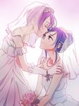  alternate_costume alternate_hairstyle bare_shoulders blue_eyes blue_hair bouquet closed_eyes dokidoki!_precure dress flower gloves hishikawa_rikka jewelry kenzaki_makoto long_hair multiple_girls necklace negom precure purple_hair rose short_hair smile wedding_dress white_gloves wife_and_wife yuri 