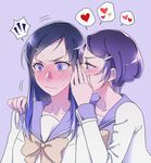  2girls blue_eyes blue_hair blue_sailor_collar blush dokidoki!_precure heart hishikawa_rikka kenzaki_makoto long_hair multiple_girls negom oogai_daiichi_middle_school_uniform precure purple_background purple_eyes purple_hair sailor_collar school_uniform short_hair simple_background spoken_exclamation_mark spoken_heart yuri 