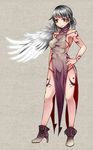  angel_wings aoshima bare_arms bare_shoulders boots breasts commentary_request dress grey_dress grey_hair hand_on_hip high_heel_boots high_heels highres jewelry kishin_sagume lips looking_at_viewer medium_breasts mouth_hold necktie no_bra no_panties pelvic_curtain pendant red_eyes side_slit sideboob single_wing solo tattoo touhou tribal_tattoo wings 