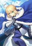  ahoge armor armored_dress artoria_pendragon_(all) blonde_hair blue_cape blue_ribbon cape cloud day fate/grand_order fate_(series) gauntlets green_eyes hair_ribbon looking_at_viewer official_art resized ribbon saber sky smile solo takeuchi_takashi upscaled waifu2x 