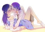  bare_shoulders blue_eyes blue_hair blush closed_eyes dokidoki!_precure glasses hair_ornament hairclip hishikawa_rikka kenzaki_makoto kiss long_hair multiple_girls necktie negom off_shoulder precure purple_hair red-framed_eyewear short_hair socks yuri 